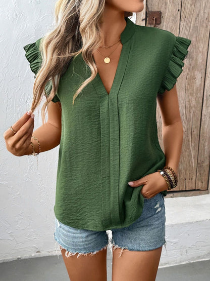 Flutter Sleeve Ruffles Cotton Top in Green - Nowi Korean Fashion
