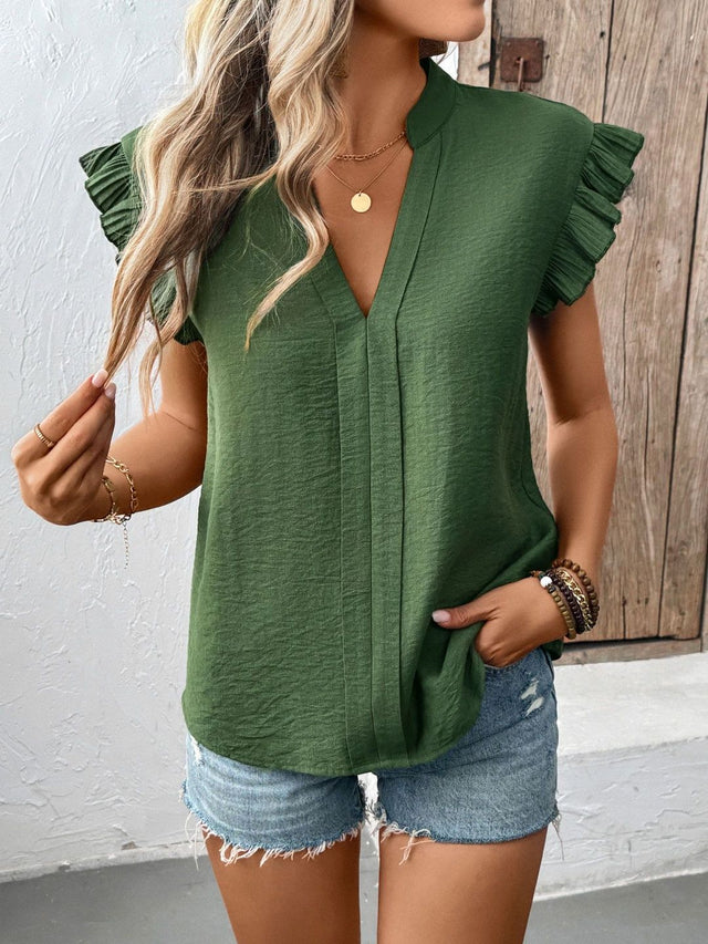 Flutter Sleeve Ruffles Cotton Top in Green - Nowi Korean Fashion