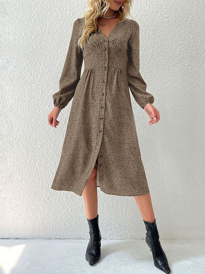 Women's Brown Print A-Line Midi Dress