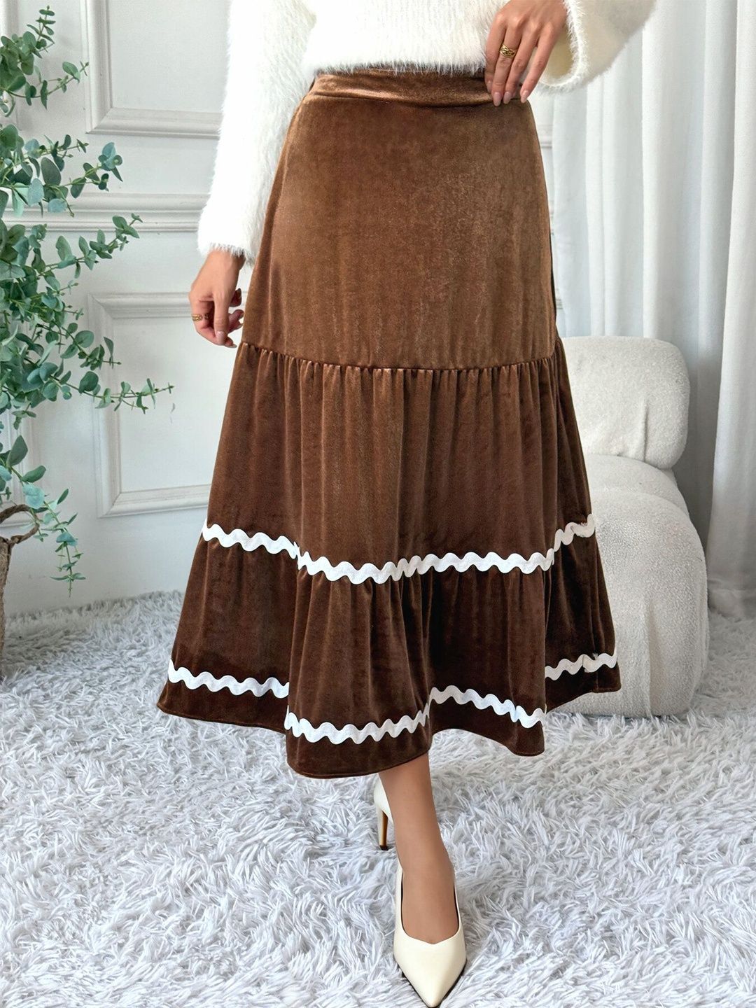Women Solid Brown Midi Skirt