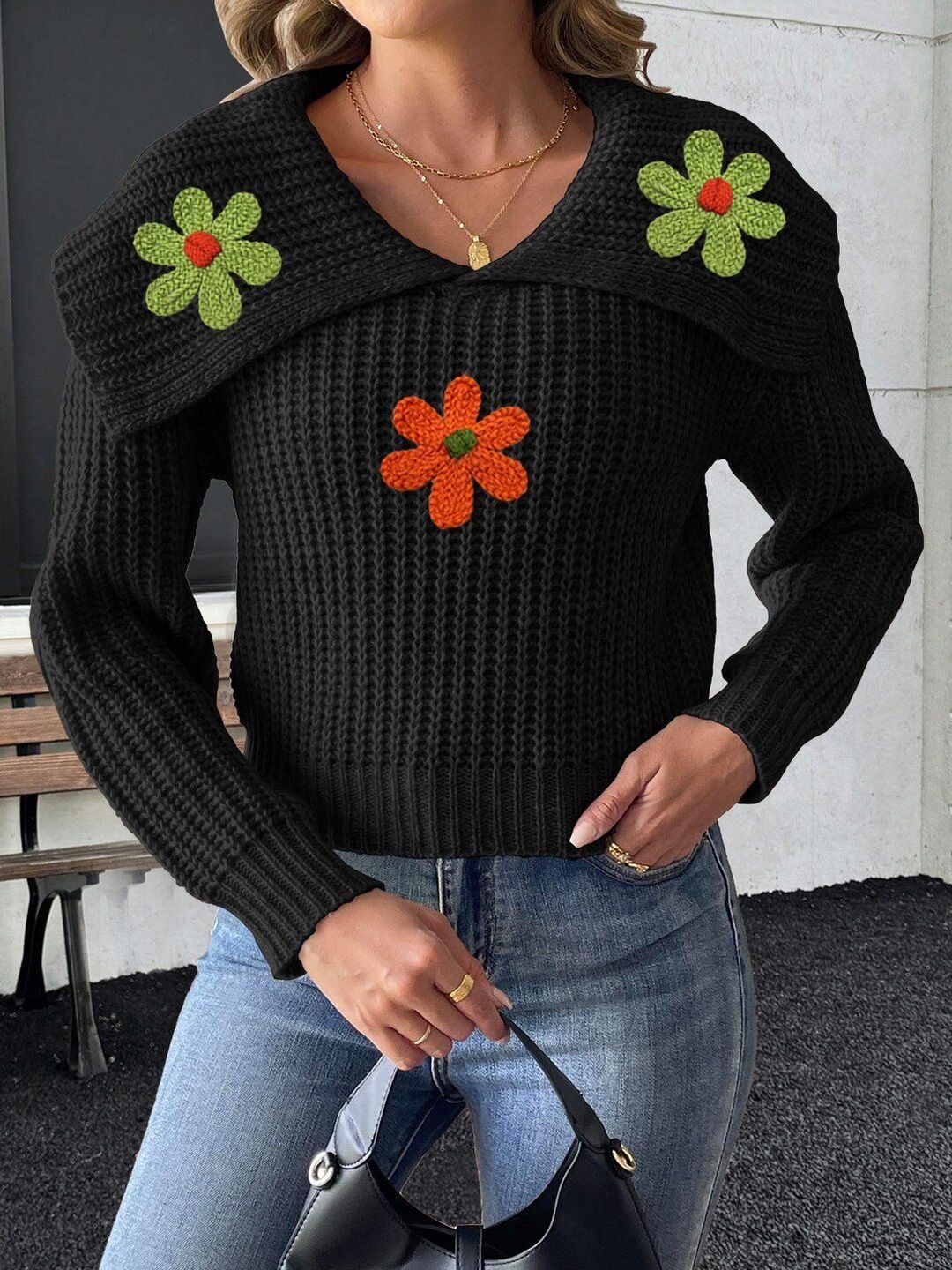 Women Cable Knit Pullover with Applique Detail