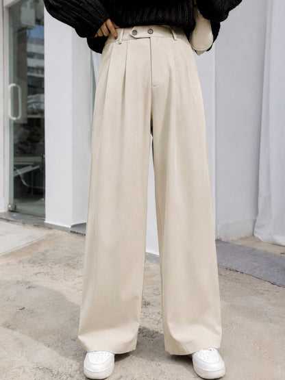 Women Relaxed High-Rise Wrinkle Free Pleated Button Trousers