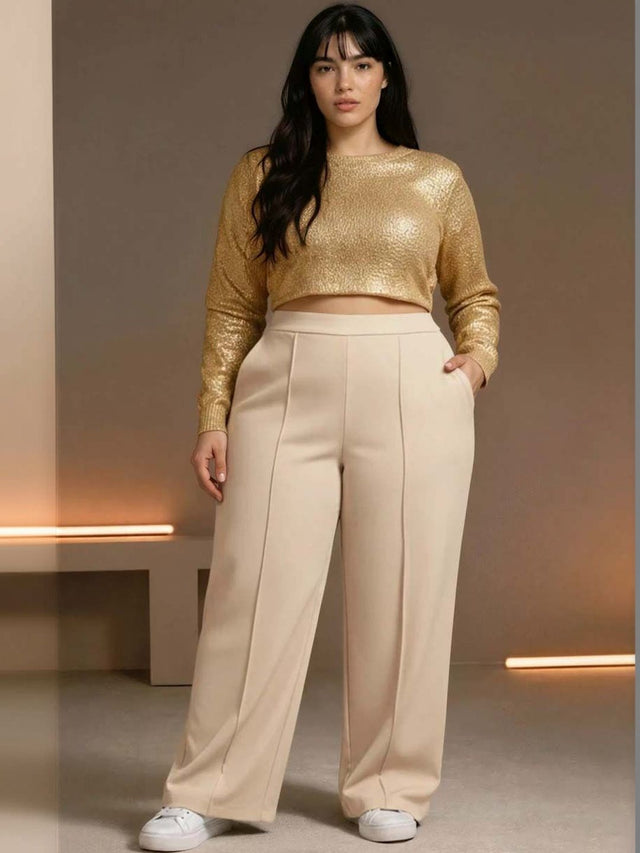 Wrinkle Free Trousers in Beige polyester Style 88 - Nowi Korean Fashion