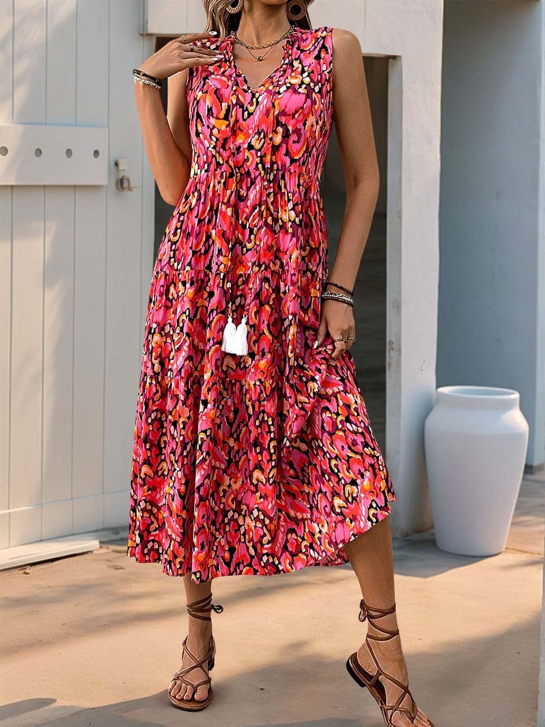 Printed A-Line Midi Dress - Nowi Korean Fashion