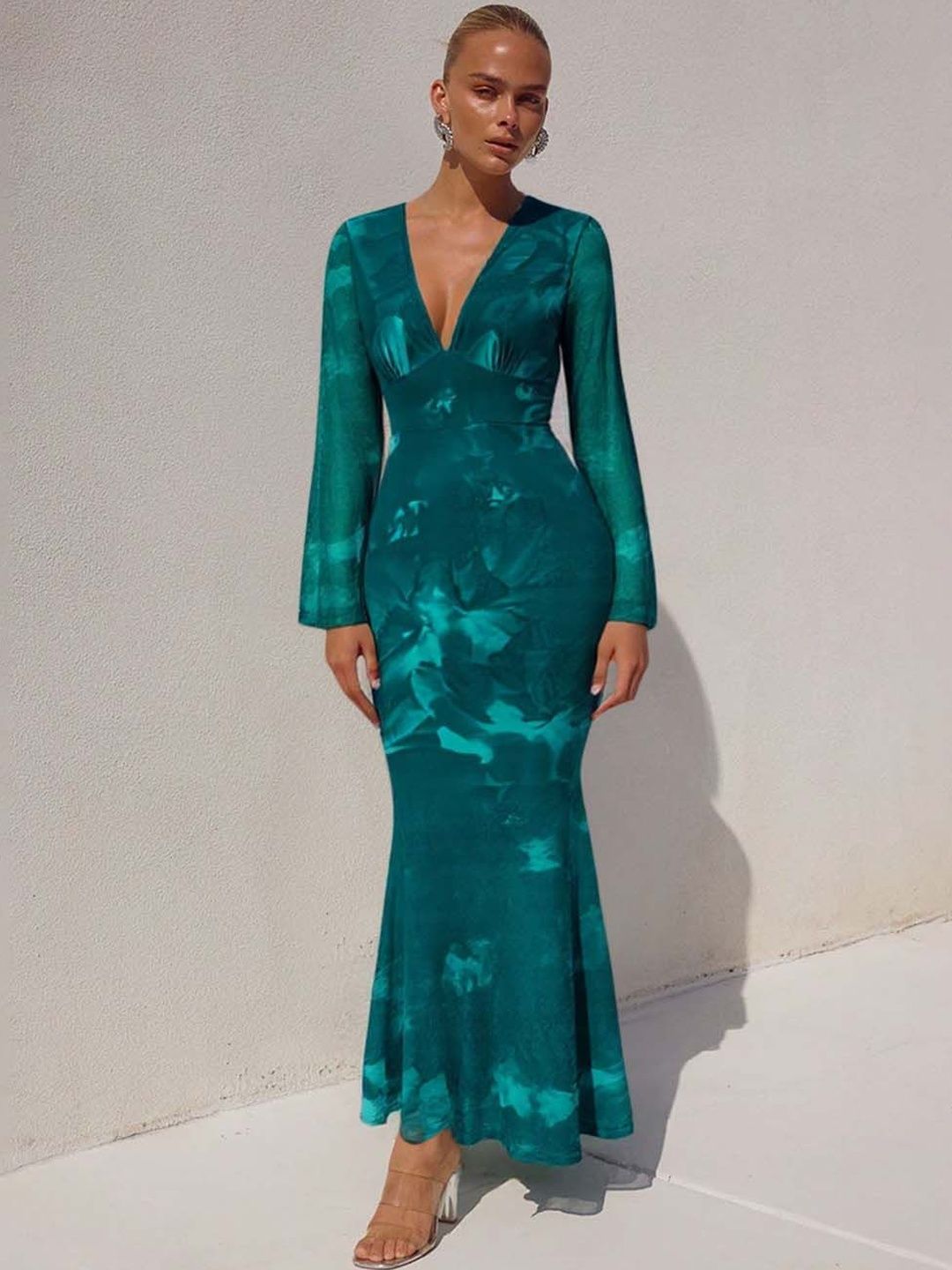 Tie and Dye Dyed Flared Sleeve Sheath Maxi Dress