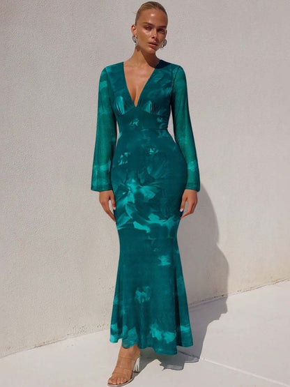Tie and Dye Dyed Flared Sleeve Sheath Maxi Dress