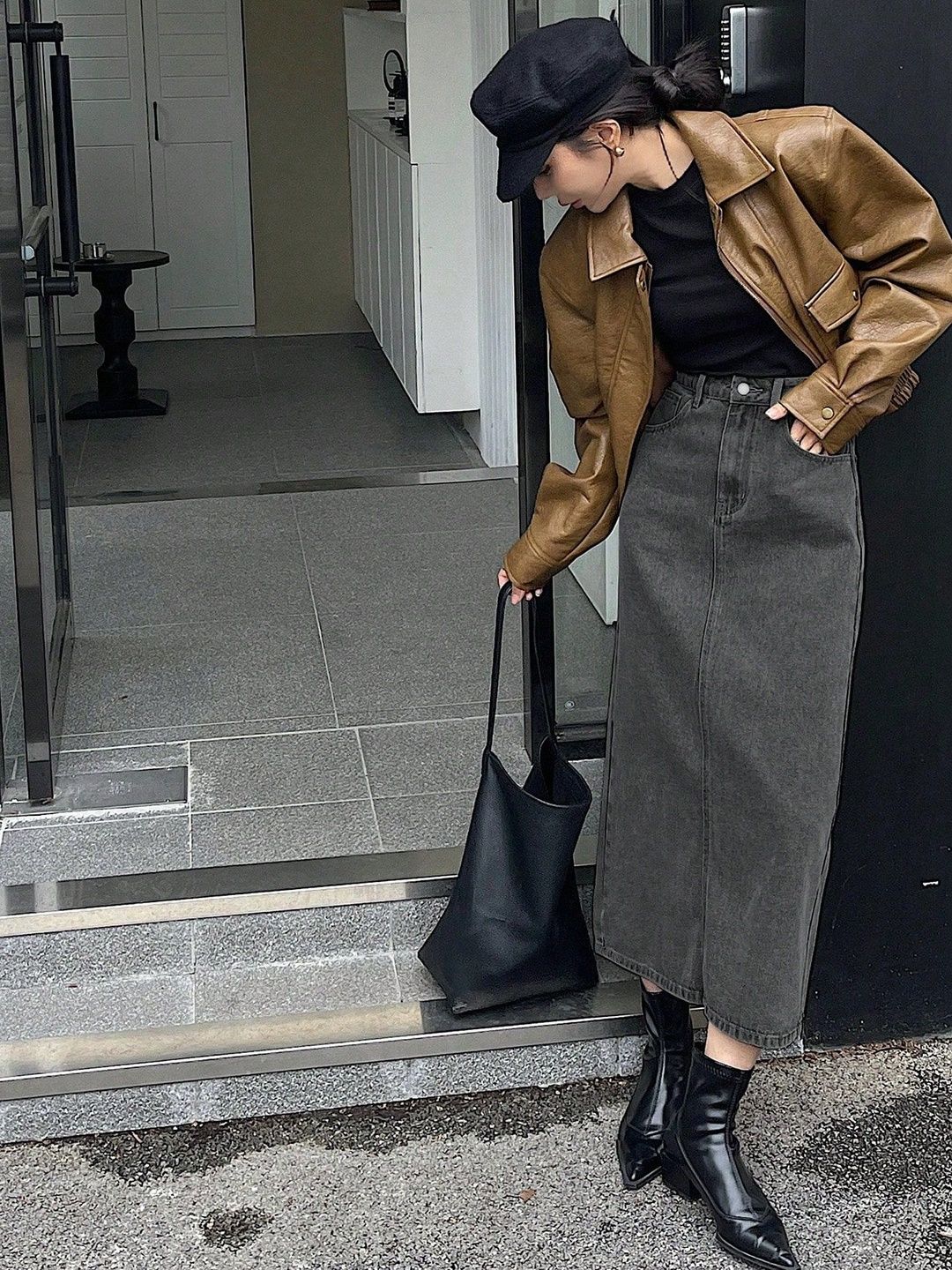 NOWI Women High Rise Back Slit Denim Straight Midi Skirt