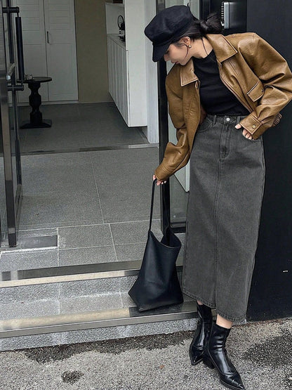 NOWI Women High Rise Back Slit Denim Straight Midi Skirt