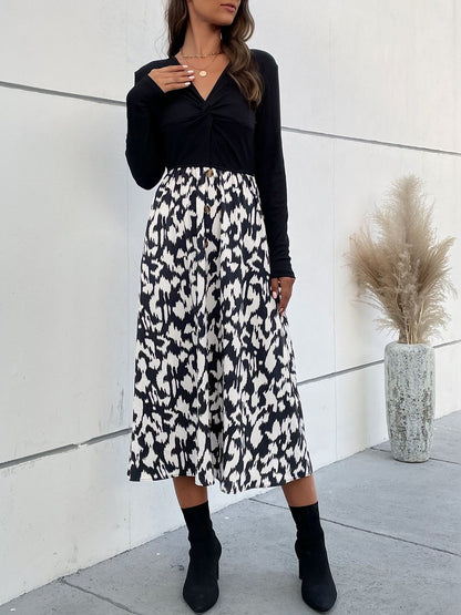 Women's Black Print Fit & Flare Midi Dress Blend Printed
