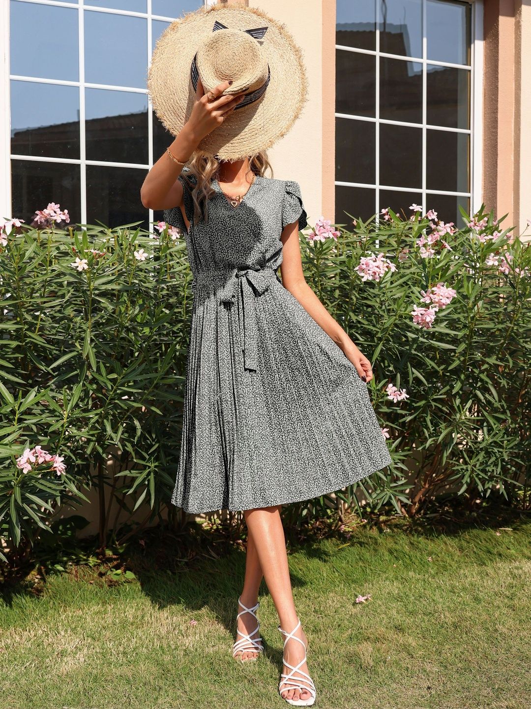 Print Puff Sleeve A-Line Midi Dress