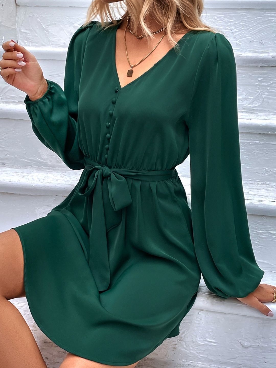 Women's Green Puff Sleeve Fit & Flare Dress