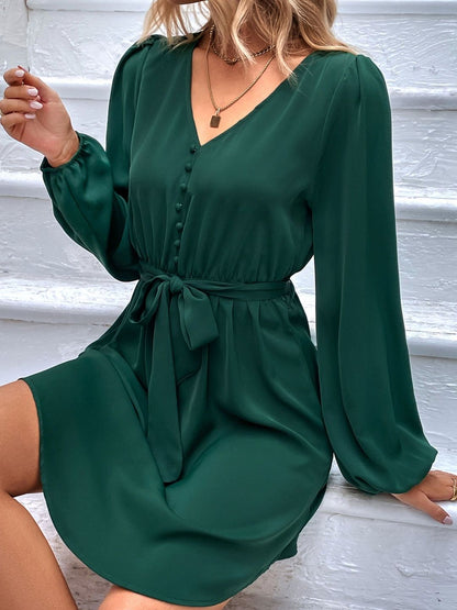 Women's Green Puff Sleeve Fit & Flare Dress