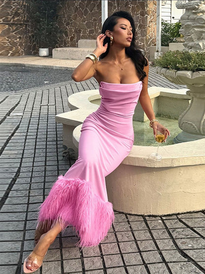 Women's Pink Fringed Bodycon Maxi Dress