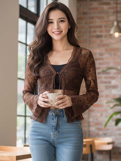 Floral Embroidered Bell Sleeve Cotton Crop Top in Brown - Nowi Korean Fashion