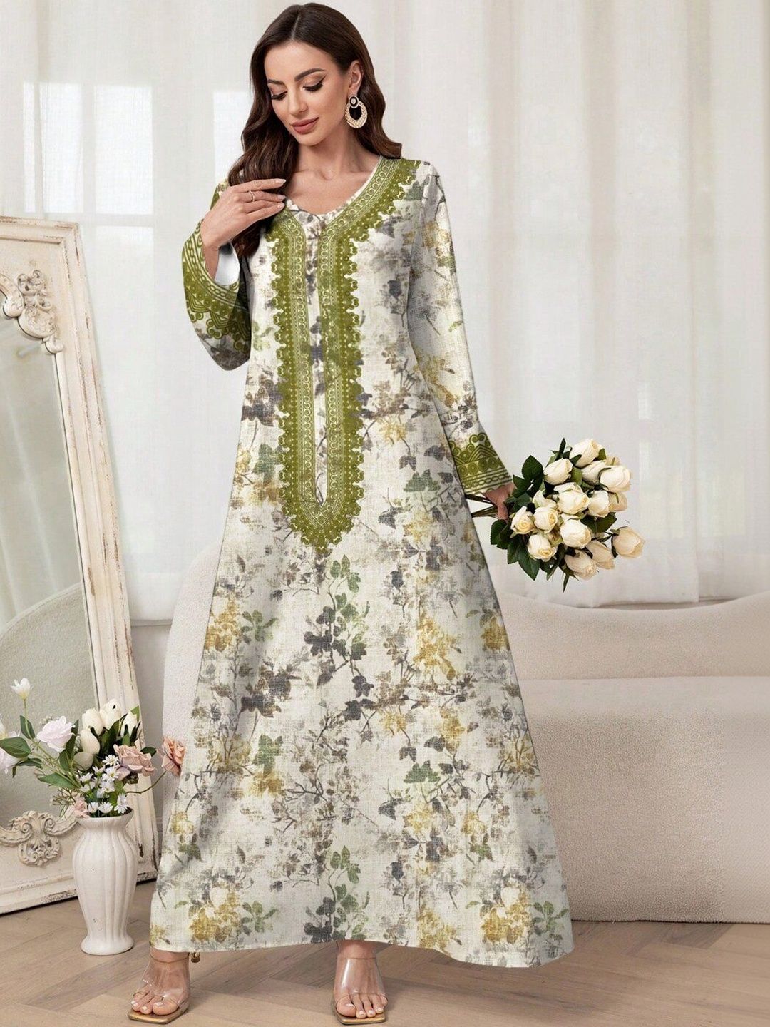 Floral Print Kaftan Maxi Dress in White cotton - Nowi Korean Fashion