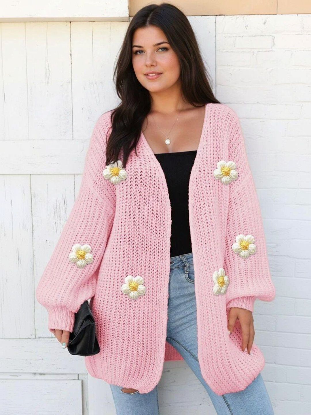 Cardigan with Applique Detail in Pink acrylic Long Sleeve - Nowi Korean Fashion