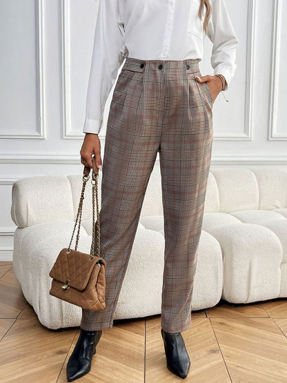 Women Checked High-Rise Pleated Trousers