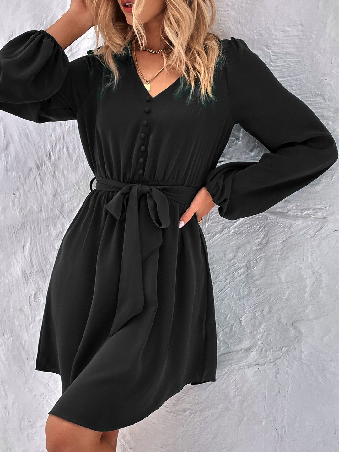 Women's Black Puff Sleeve A-Line Dress Blend Printed