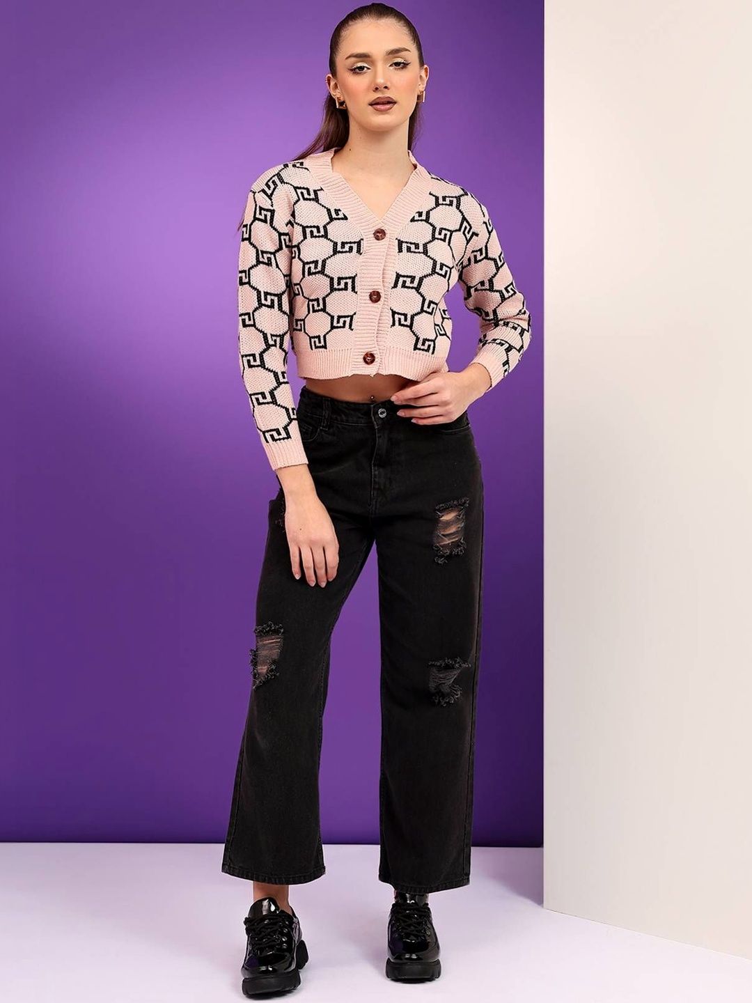 NOWI Women Printed Woollen Crop Cardigan