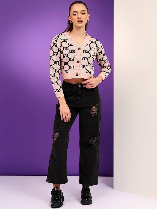 NOWI Women Printed Woollen Crop Cardigan