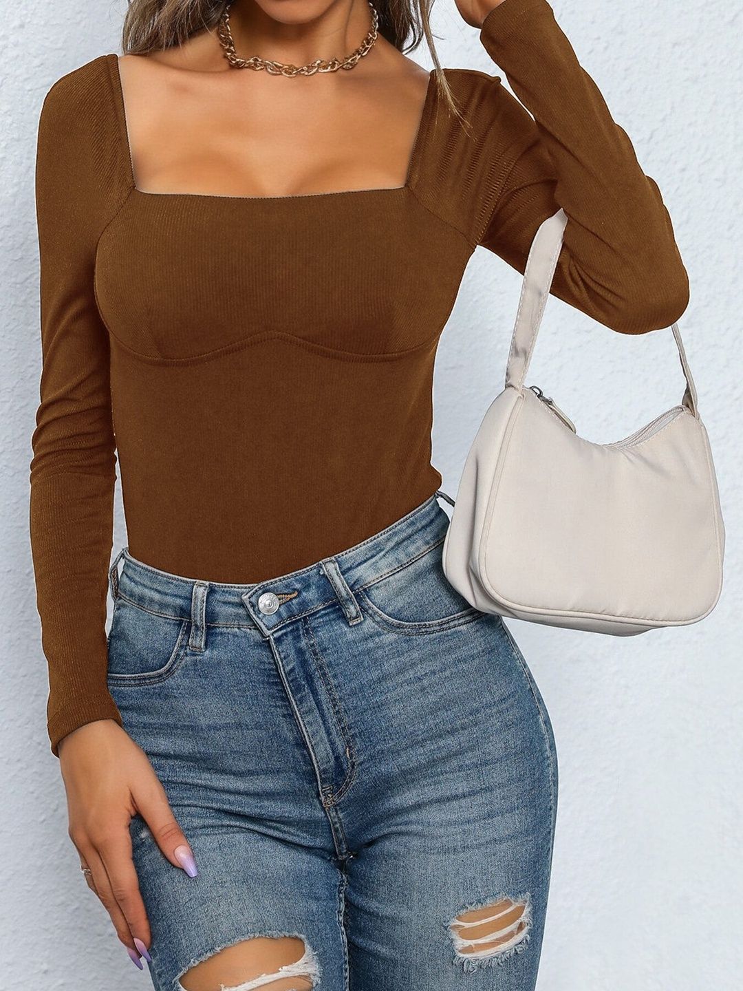 Cotton Square Neck Bodysuit in Brown - Nowi Korean Fashion