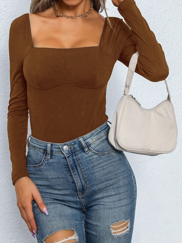 Cotton Square Neck Bodysuit in Brown - Nowi Korean Fashion