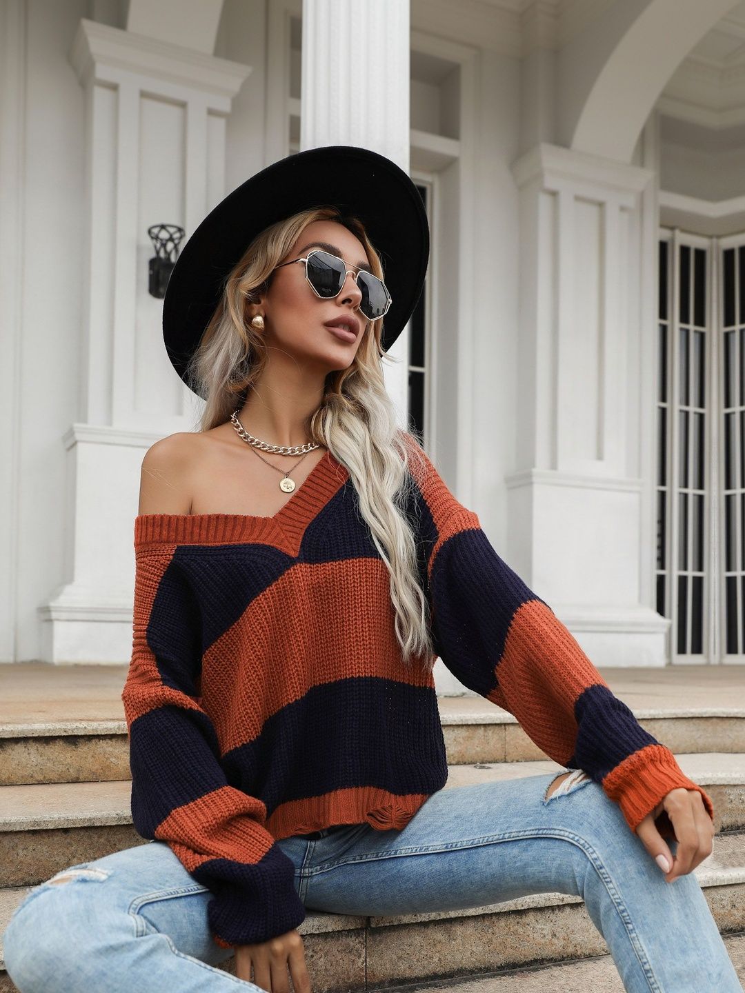 Striped Pullover in Orange - Nowi Korean Fashion