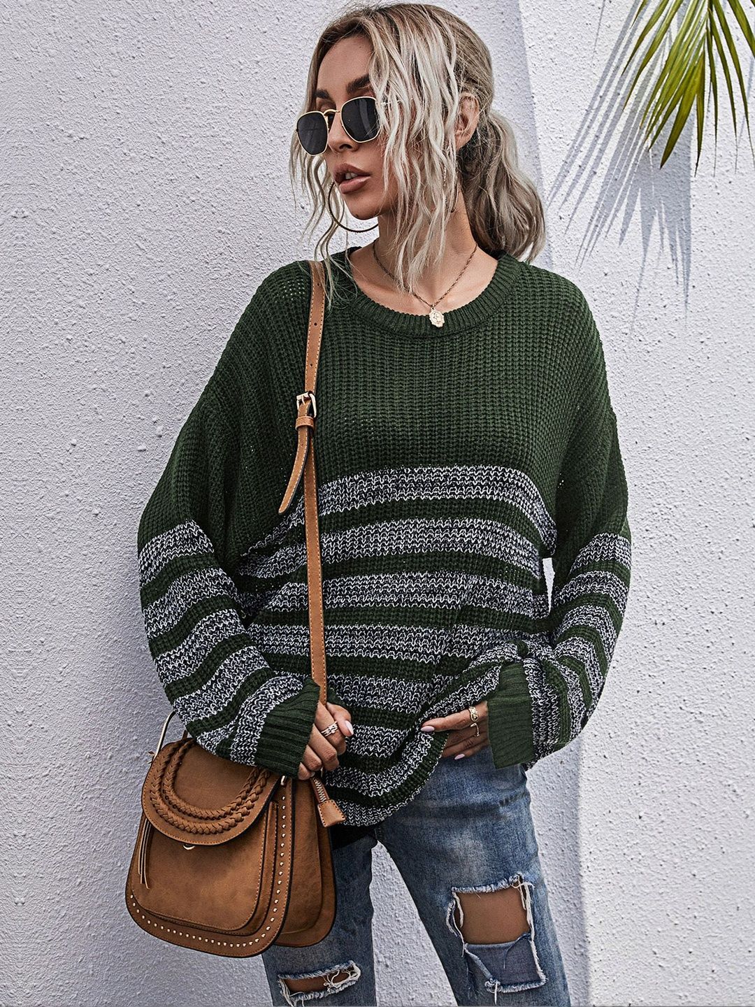 Women's Green Striped Pullover Blend Regular Fit