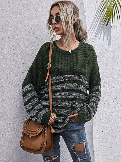 Women's Green Striped Pullover Blend Regular Fit