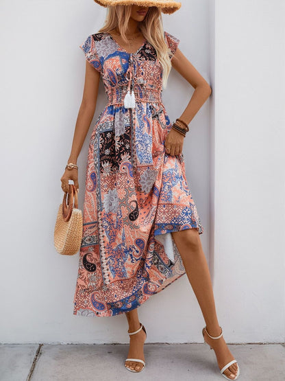 Print A-Line Midi Dress Printed Short Sleeve - Nowi Korean Fashion