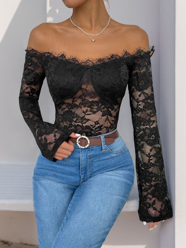Embellished One Shoulder Bodysuit in Black nylon - Nowi Korean Fashion