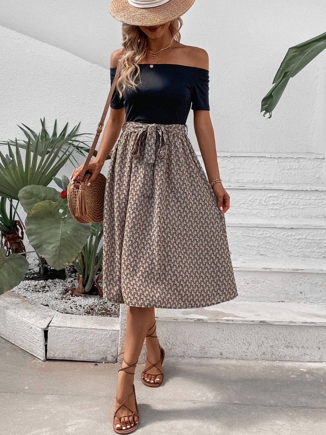 Print Off-Shoulder A-Line Midi Dress