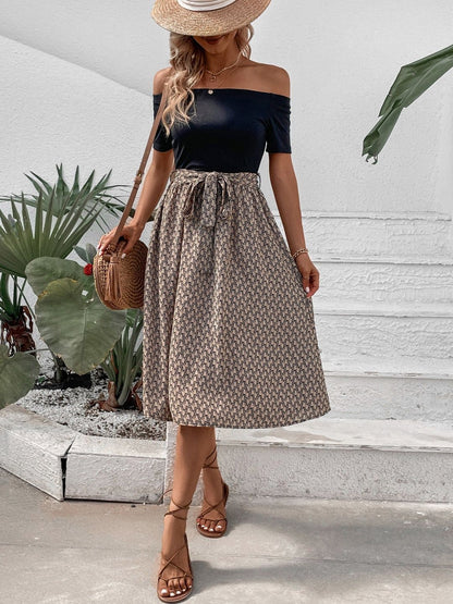 Print Off-Shoulder A-Line Midi Dress