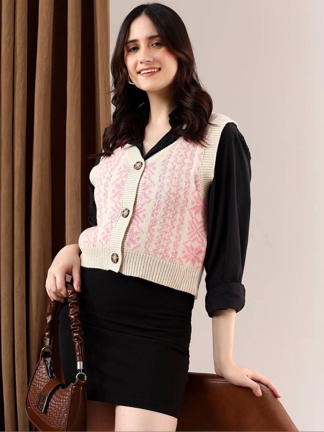 NOWI Women Fair Isle Printed Woollen Sweater Vest