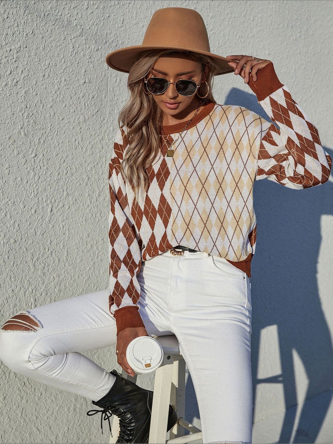 Argyle Checked Pullover in Brown - Nowi Korean Fashion