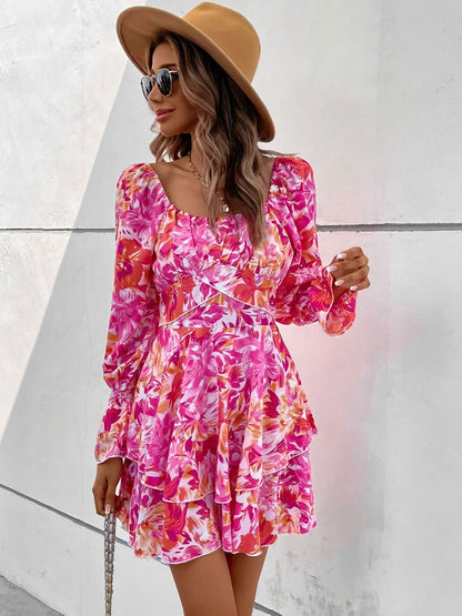 Women's Pink Floral Print Puff Sleeve Fit & Flare Mini Dress