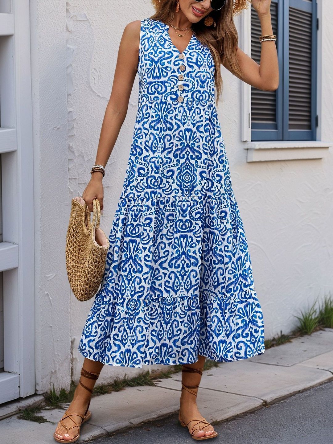 Print A-Line Midi Dress in Blue cotton Printed - Nowi Korean Fashion
