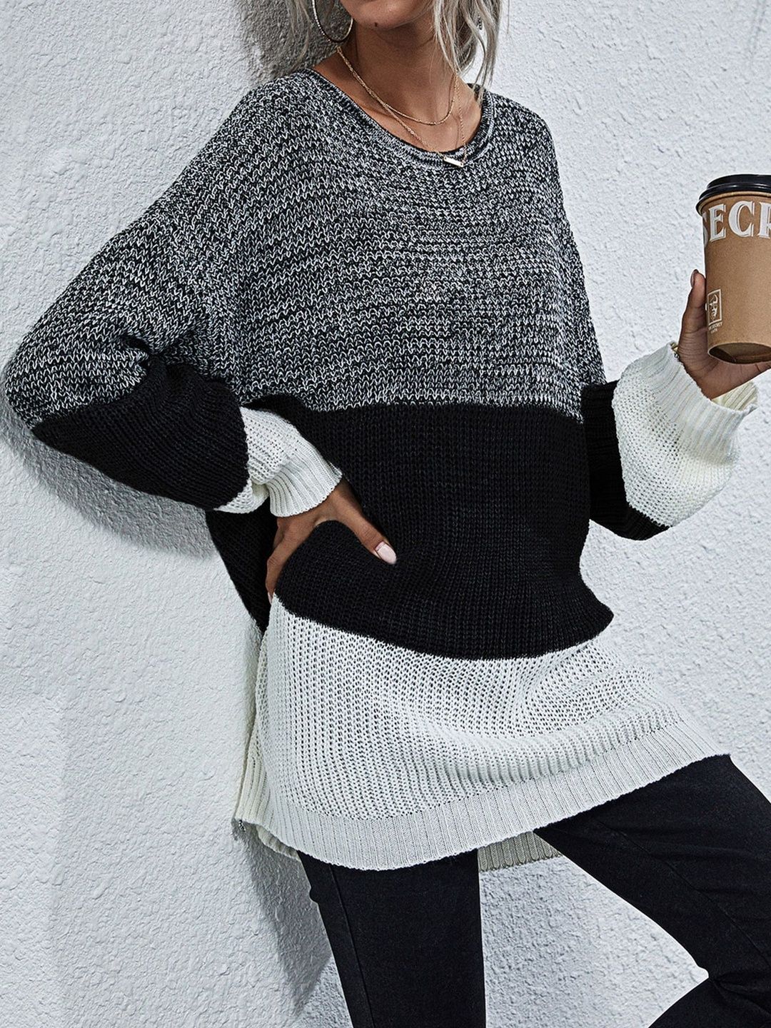 Women's Grey Colourblocked Pullover Blend Printed