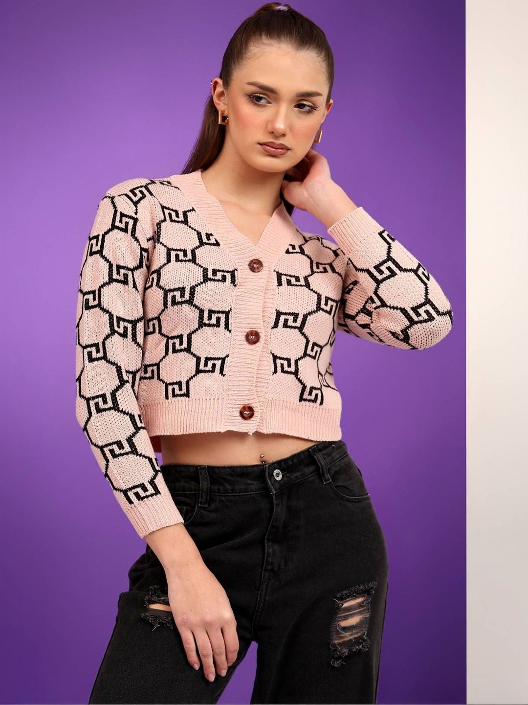 NOWI Women Printed Woollen Crop Cardigan