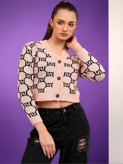 NOWI Women Printed Woollen Crop Cardigan