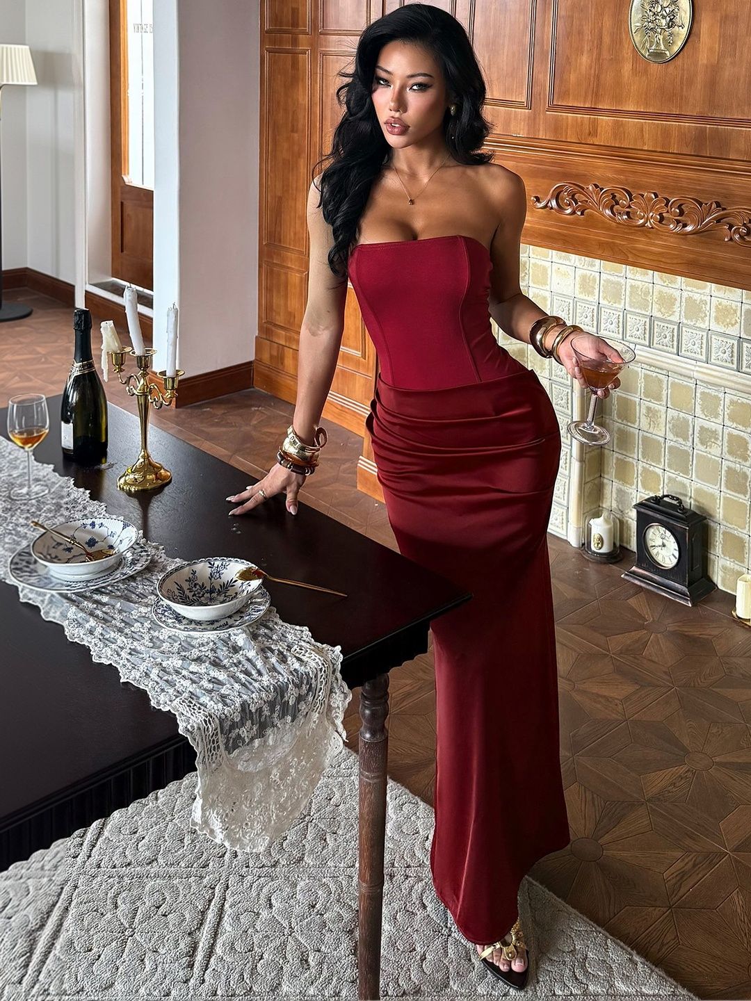 Women's Maroon Bodycon Maxi Dress Blend Printed