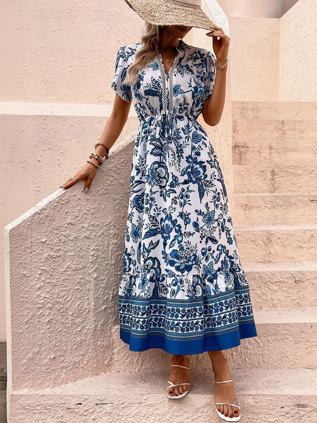 Floral Print A-Line Midi Dress in White cotton - Nowi Korean Fashion
