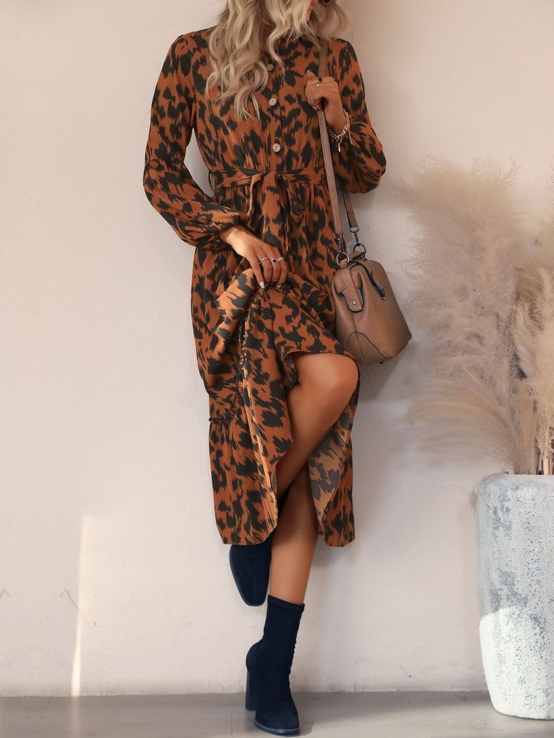 Women's Brown Animal Print A-Line Midi Dress Blend