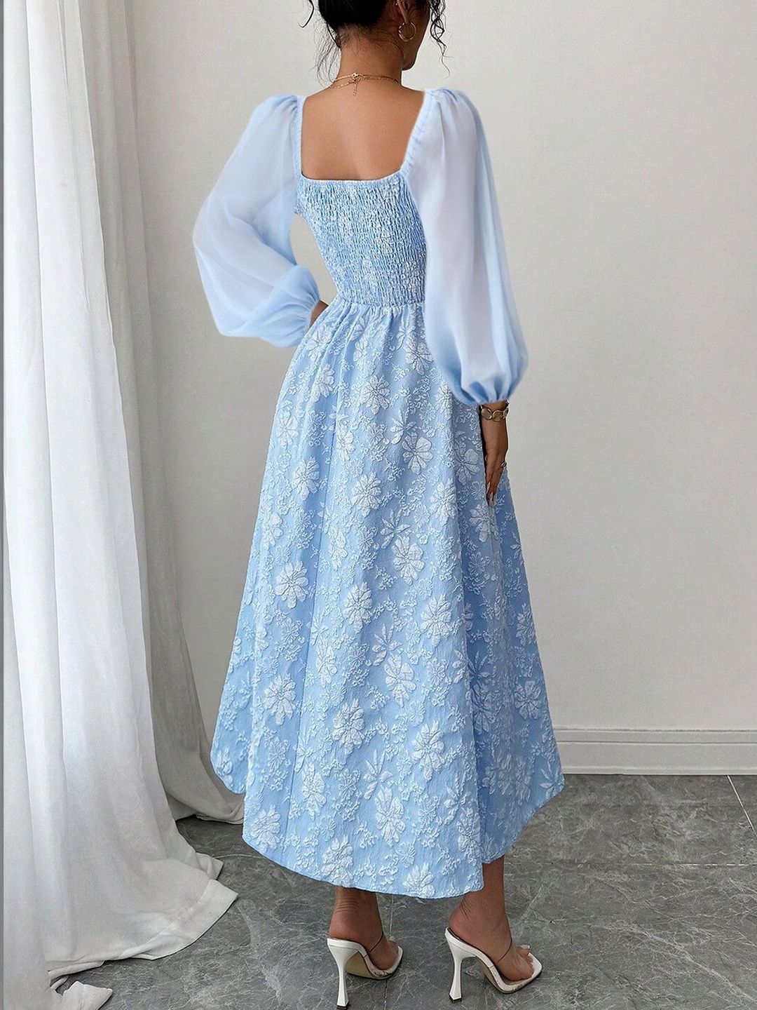 Puff Sleeve Fit & Flare Midi Dress