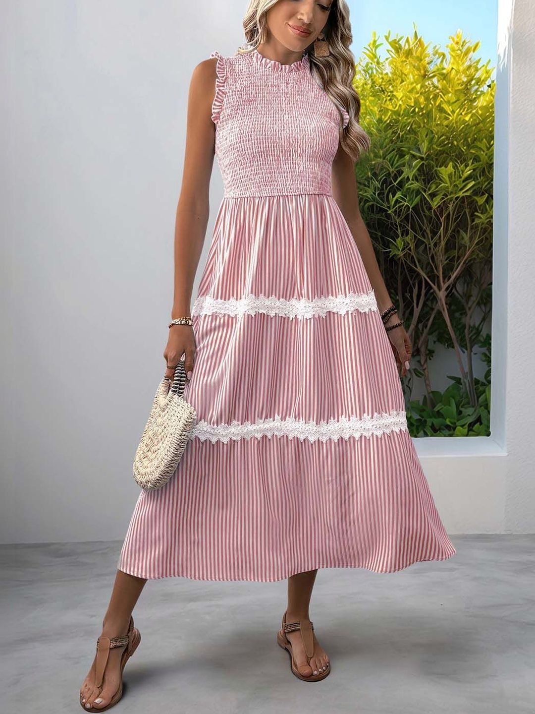 Striped Flutter Sleeve Fit & Flare Midi Dress