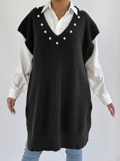 Women Ribbed Sweater Vest with Embellished Detail