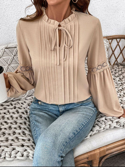 Tie-Up Neck Bishop Sleeves Top in Beige - Nowi Korean Fashion