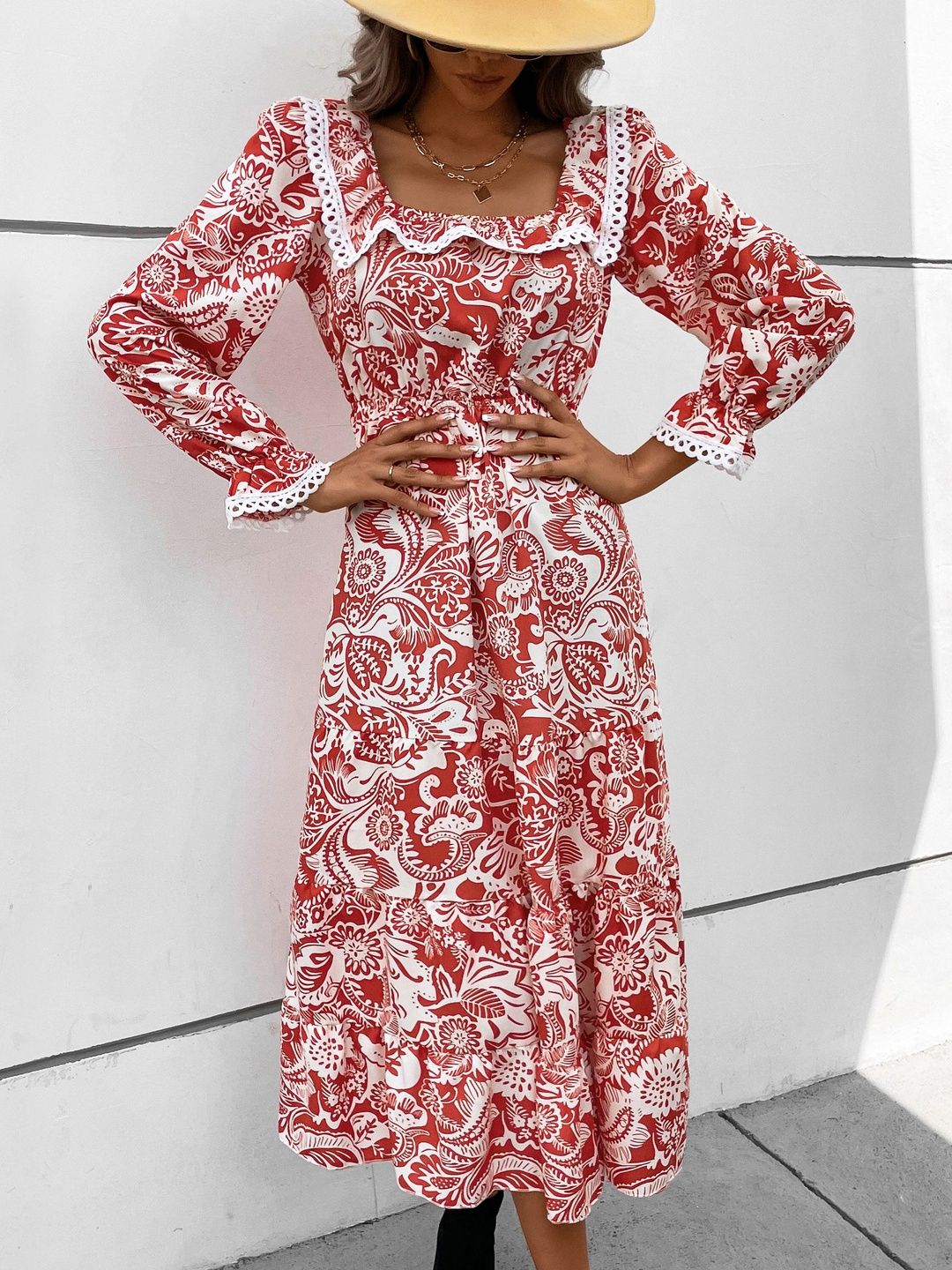 Women's Red Floral Print Ruffled A-Line Midi Dress