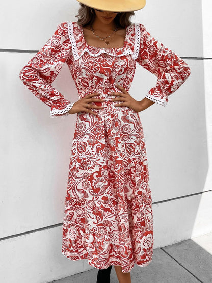 Women's Red Floral Print Ruffled A-Line Midi Dress