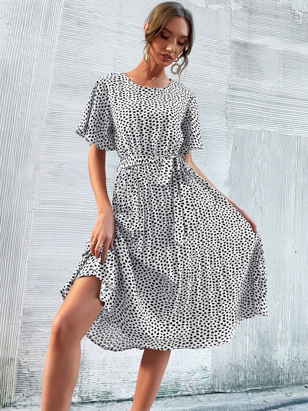 Polka Dot Print Flutter Sleeve Fit & Flare Midi Dress Printed - Nowi Korean Fashion